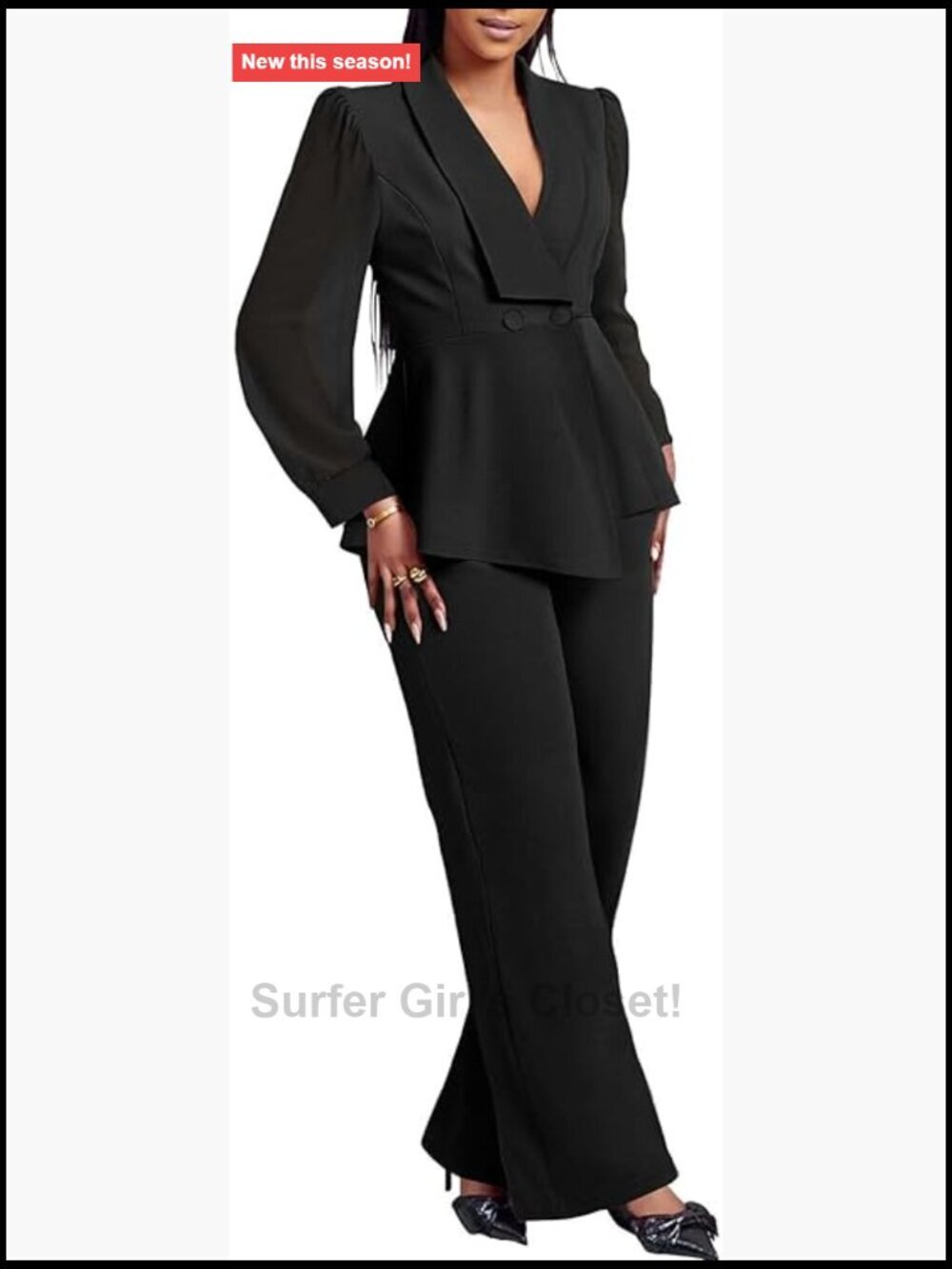 Sheer Sleeve Ruffle Blazer Wide Leg Pantsuit 2 Piece Set Dressy Work